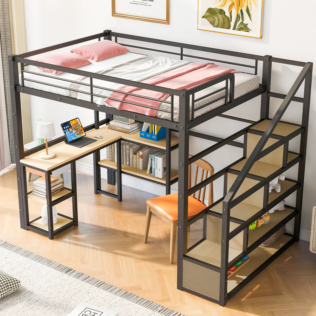 Full Size Loft Bed With Staircase, Built In Desk And Shelves And Sleeping Surface - Black