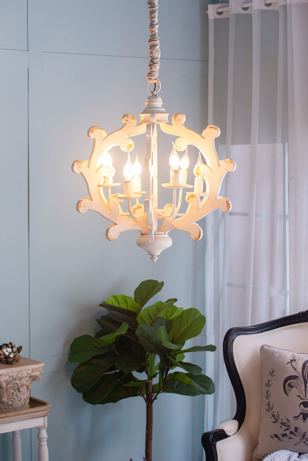 6 Light Chandelier, Hanging Light Fixture With Adjustable Chain For Kitchen, Bulb Not Included - White