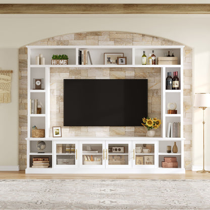 All-In-One Entertainment Center With Bookshelves & Tempered Glass Doors, TV Console Unit For Living Room