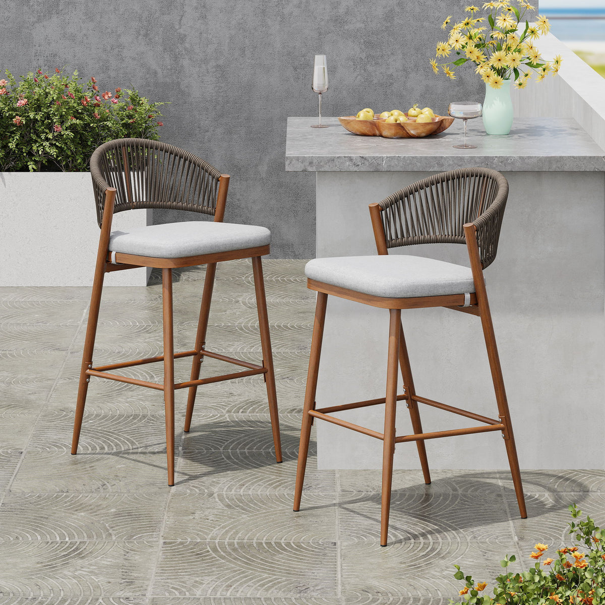 Outdoor Bar Height Metal Frame Counter Stools With Scallop Shaped Backrest & Water Resistant Cushions