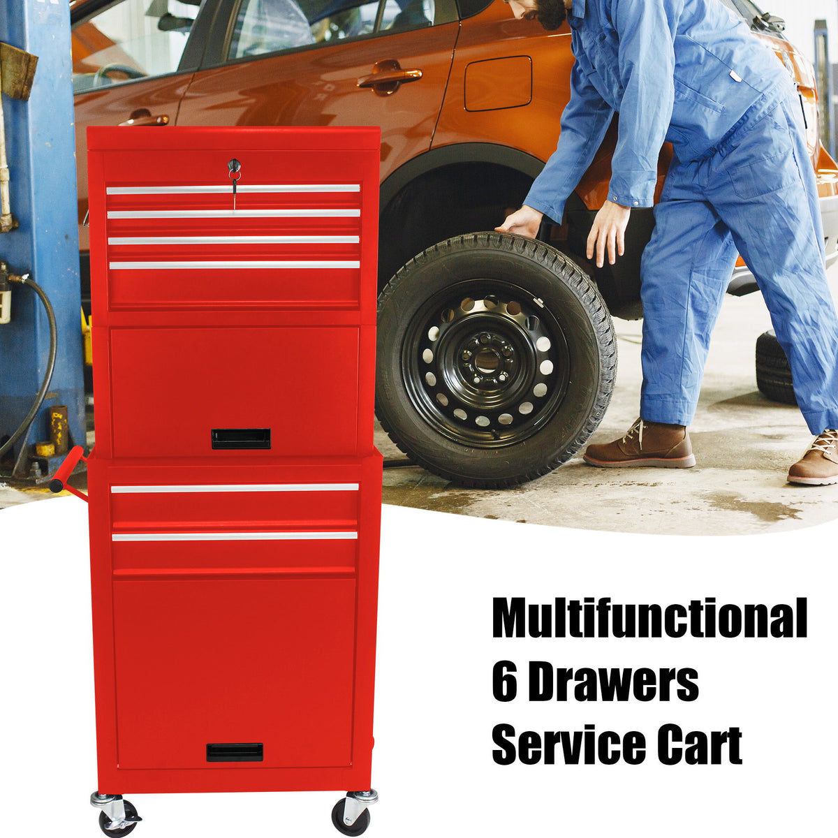 6 Drawer Lockable Tool Cabinet On Wheels, Steel Rolling Tool Chest With Detachable Toolbox
