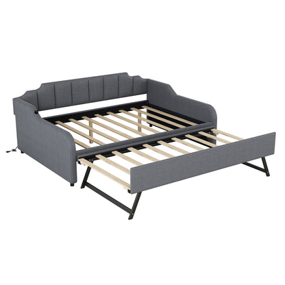 Full Size Upholstered Daybed With Trundle And USB Charging - Gray