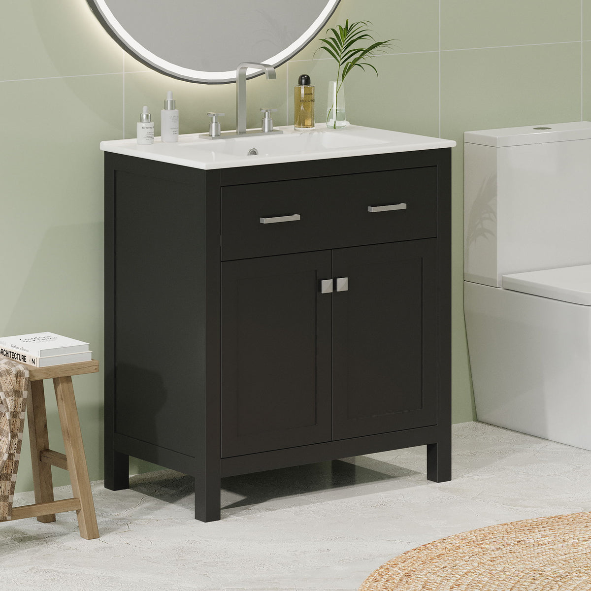 Bathroom Vanity With Ceramic Sink, Modern Single Bathroom Cabinet With 2 Doors And A Shelf, Soft Close Doors