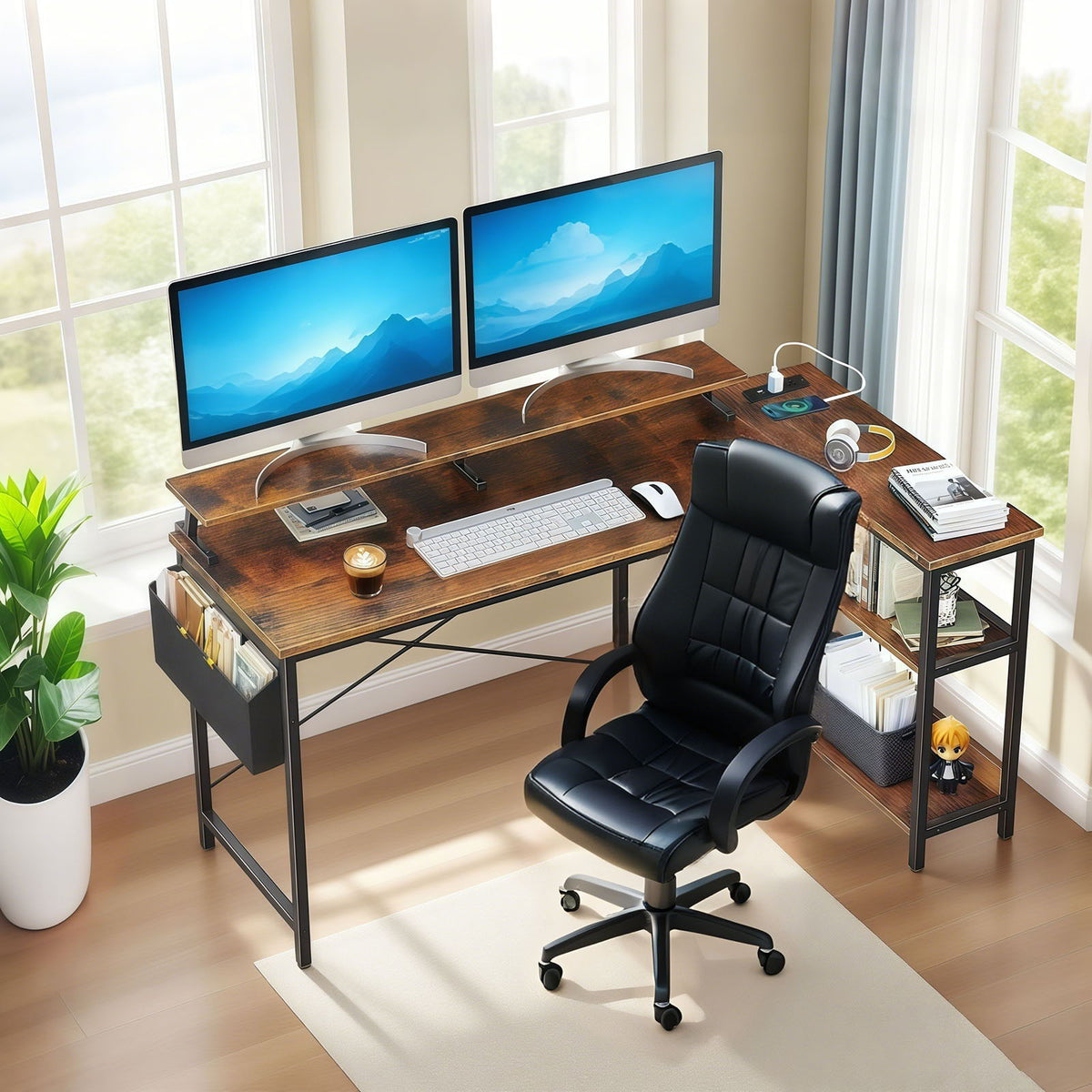 L-Shaped Gaming Desk With Power Outlets, Monitor Stand & Storage Shelves, Reversible Corner Workstation - Black / Brown