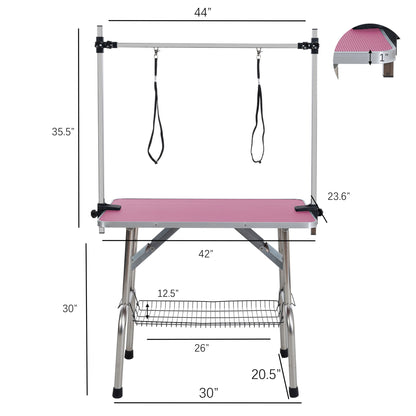 Mesa de aseo plegable para perros y gatos con marco de acero inoxidable y alfombrilla de goma integrada, brazo ajustable y abrazaderas.