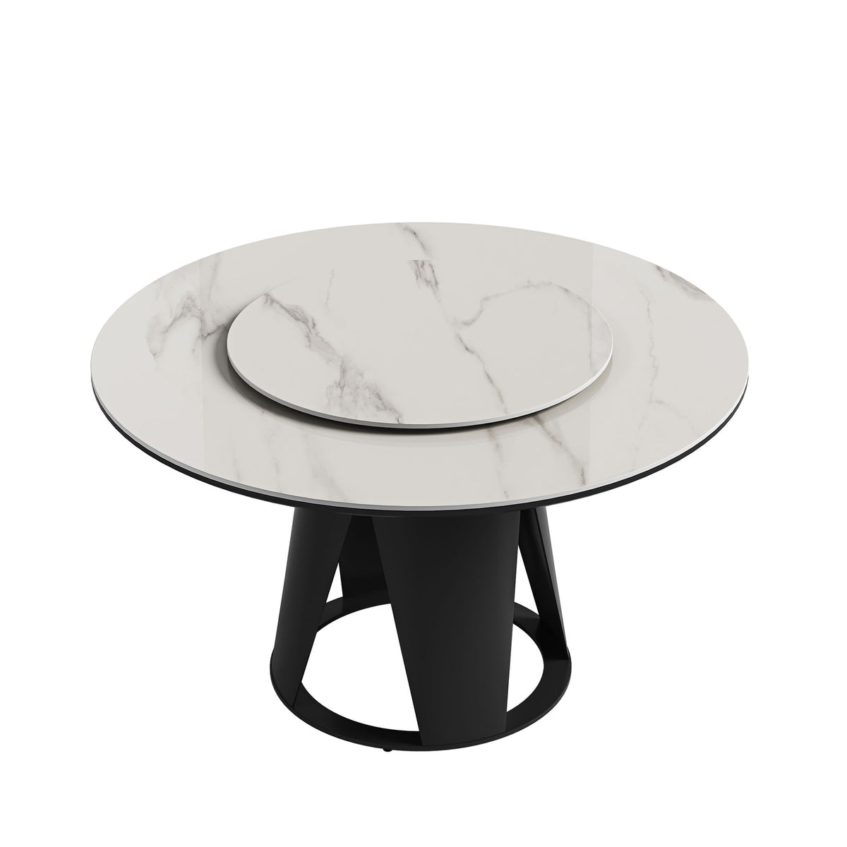 Modern Sintered Stone Dining Table With Round Turntable And Metal Pedestal - White