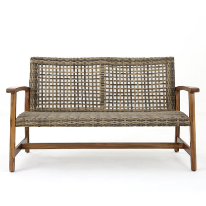 Outdoor Rattan Loveseat With Wooden Legs - Natural / Gray