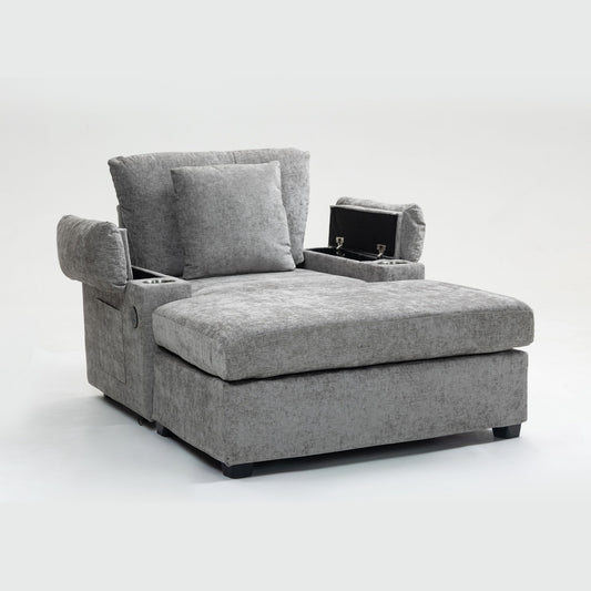 Modern Oversized Chair With Ottoman, Chenille Fabric Sofa Bed, Accent Chair Comfy Sofa With Cupholders And USB Charging Ports Chair For Living Room - Gray