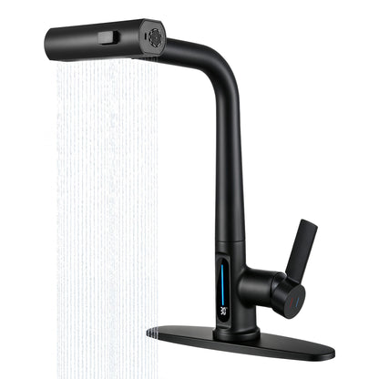 Matte Black Pull-Out Kitchen Faucet With Sprayer, Kitchen Sink Faucet With 3 Spray Modes, Battery-Free LED Temperature Display, 360 Degrees Swivel Spout, Fits 1 Or 3 Hole Sink