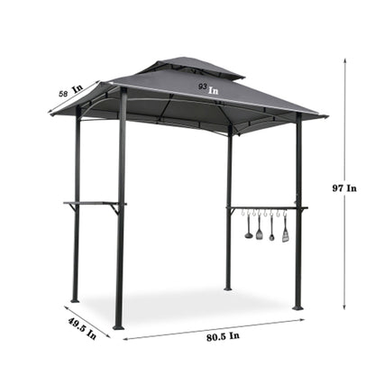 Outdoor Grill Gazebo 8 X 5 Ft With Double Tier Soft Top Canopy, Steel Frame, Bar Counters & Hook Metal - Khaki