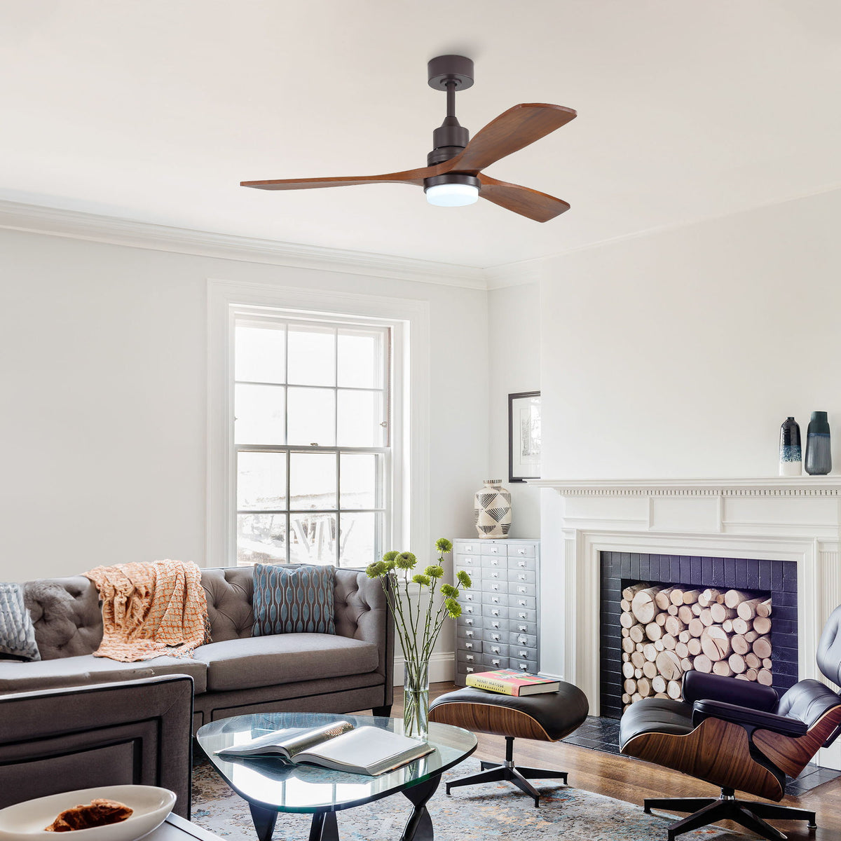 52" Ceiling Fan With LED Light, 3 Adjustable Color Temperatures, Reversible DC Motor For Living Room & Bedroom - Coffee
