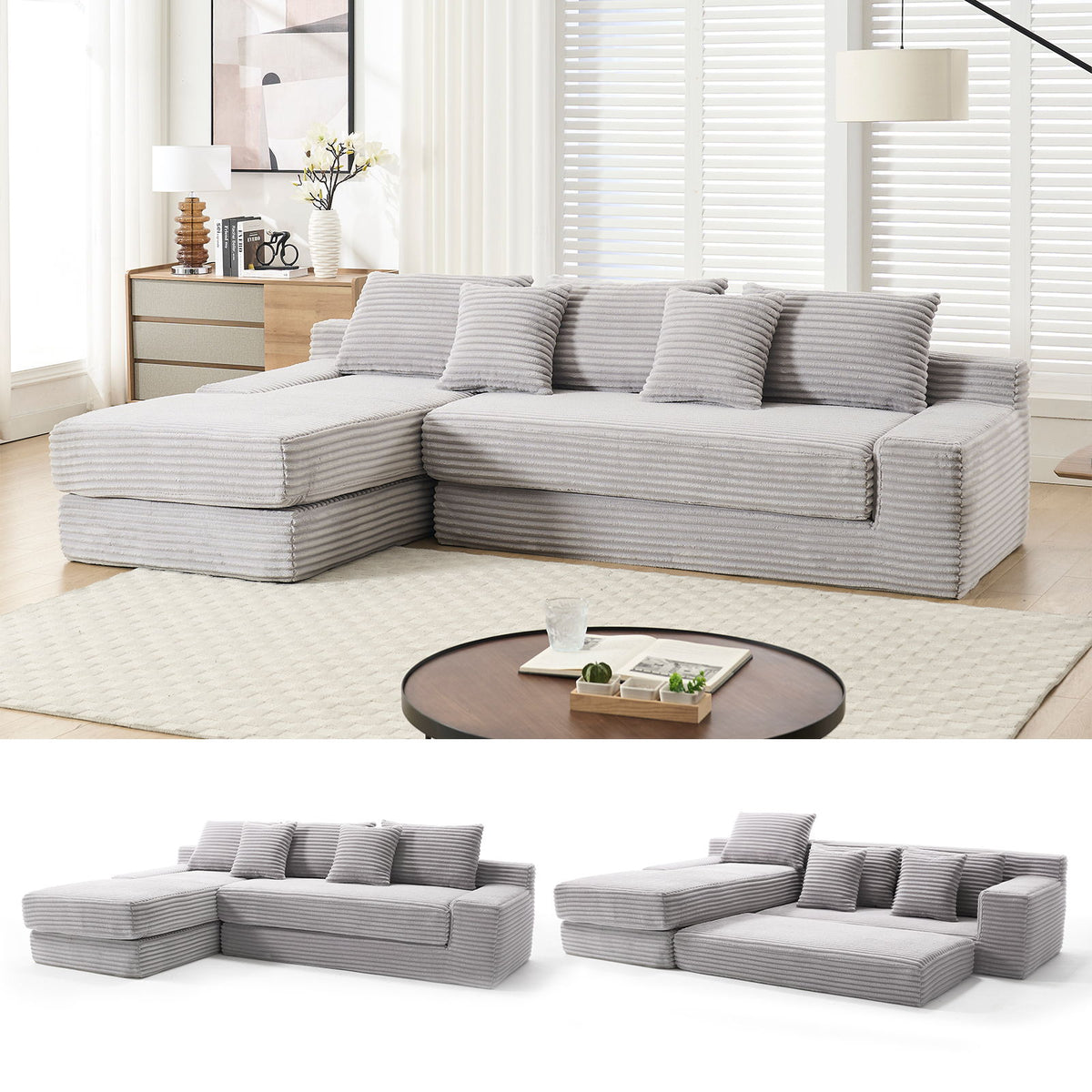 Modern L Shaped Sectional Sofa With Memory Foam & Steel Frame, Corduroy Fabric - Light Gray
