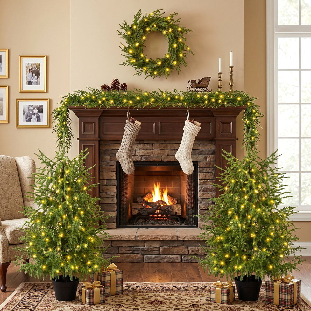 4 Piece Christmas Artificial Trees With Sturdy Bases, Pre Lit Wreath & Garland, Warm LED Lights, Indoor Holiday Decor - Green