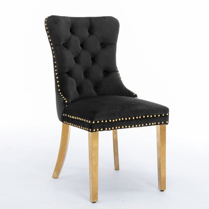 Nikki - Silla de comedor moderna y de alta gama, de madera maciza capitoné, tapizada en terciopelo, con patas de acero inoxidable dorado y ribete de tachuelas (juego de 2)