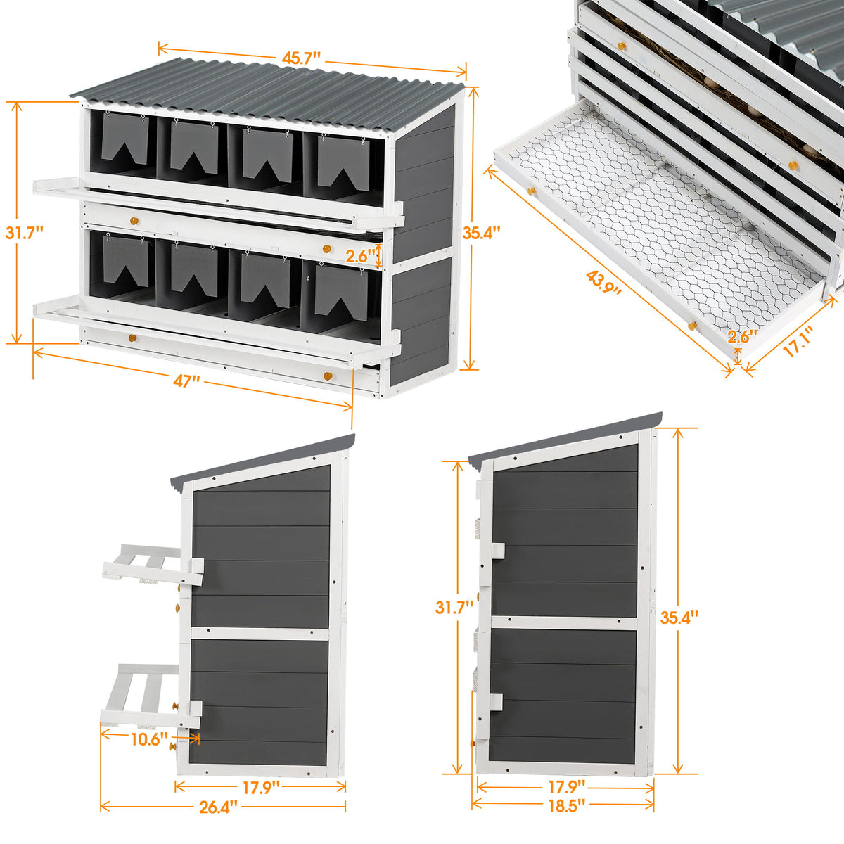 Wooden Chicken Nesting Box With 2 Egg Collection Drawers - White / Gray