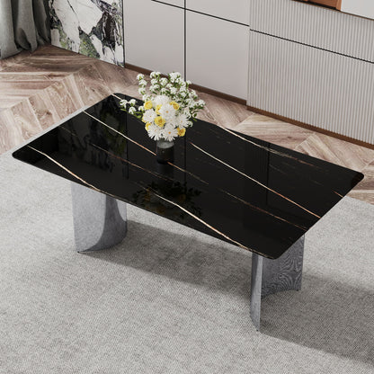 Modern Minimalist Dining Table With Imitation Marble Glass Desktop And Metal Legs