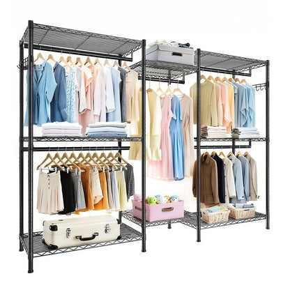 Heavy Duty Garment Rack With 8 Adjustable Wire Shelves And 5 Clothes Rails, Freestanding Closet Organizer Metal - Black