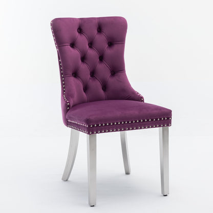 Nikki - Silla de comedor moderna y de alta gama, de madera maciza capitoné, tapizada en terciopelo, con patas de acero inoxidable cromado y ribete de tachuelas (juego de 2)
