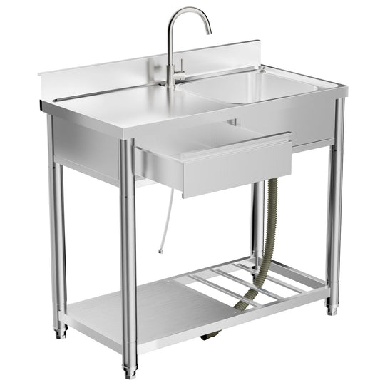 Outdoor Utility Sink With Workbench & Storage Shelf, Freestanding Prep Table With Left Drawer, Garden Patio Sink Station With 360° Hot & Cold Water Faucet - Silver