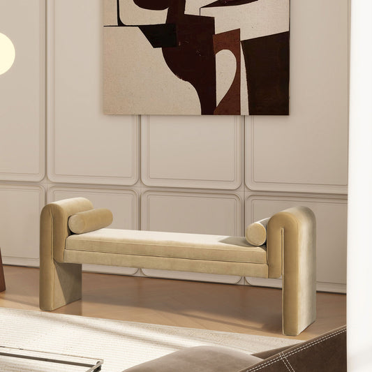 Mason - Arched Arm Bench With Bolster Pillows - Camel Brown Beige