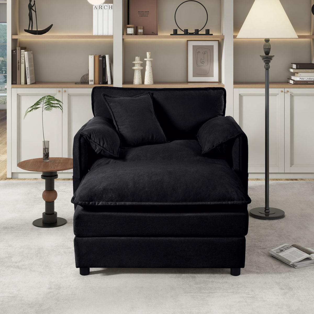 Oversized Recliner Chair With Movable Ottoman, Soft Chenille Upholstered Indoor Lounge Chair - Black