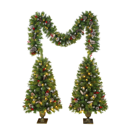 Pre Lit Artificial Christmas Tree Set With LED Lights, 3 Piece Garland And Entrance Trees, Warm Lighting, Indoor Use Only - Green