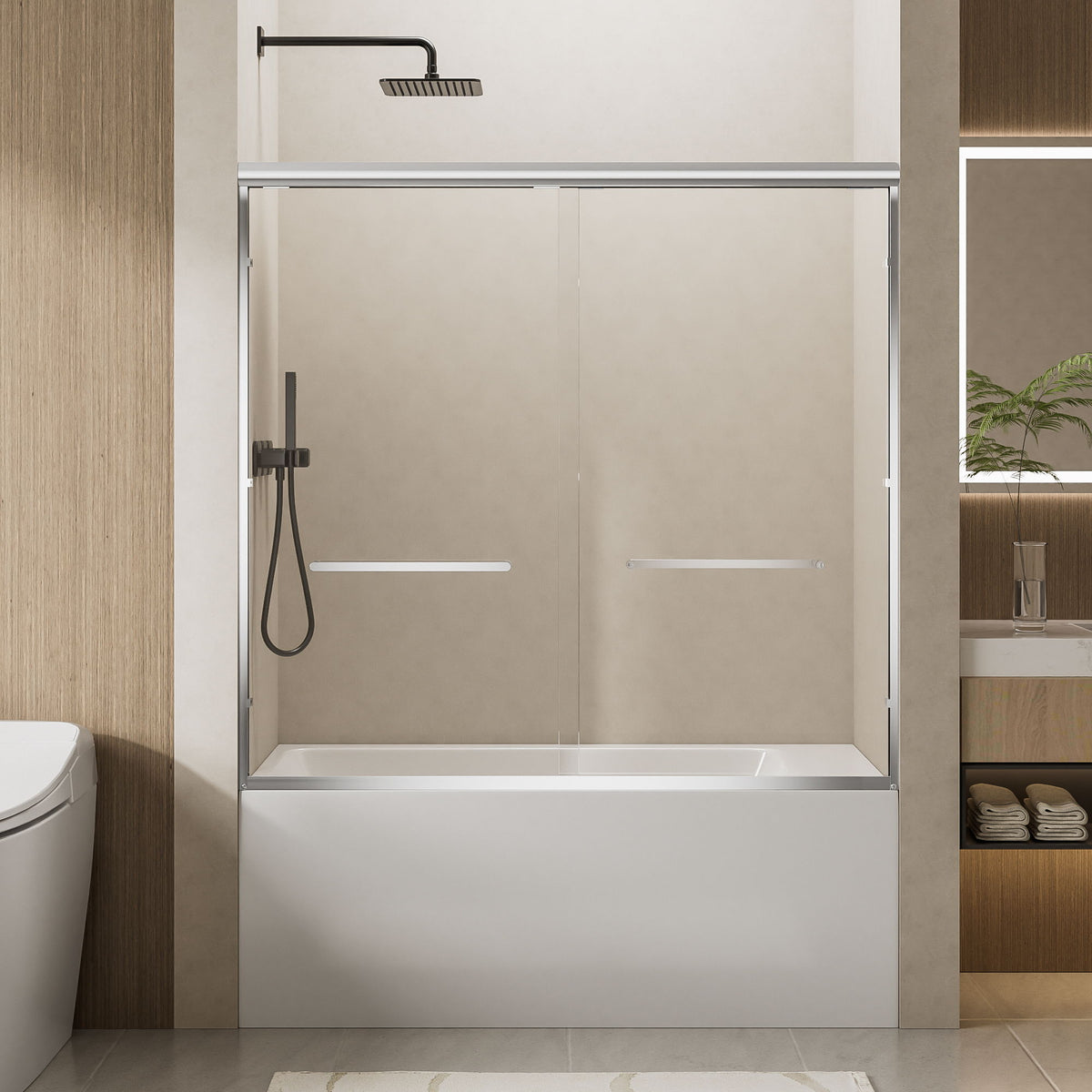 Aluminum Frame Double Double Soft Close Shower Door, Tempered Glass And Dual Stainless Steel Handles