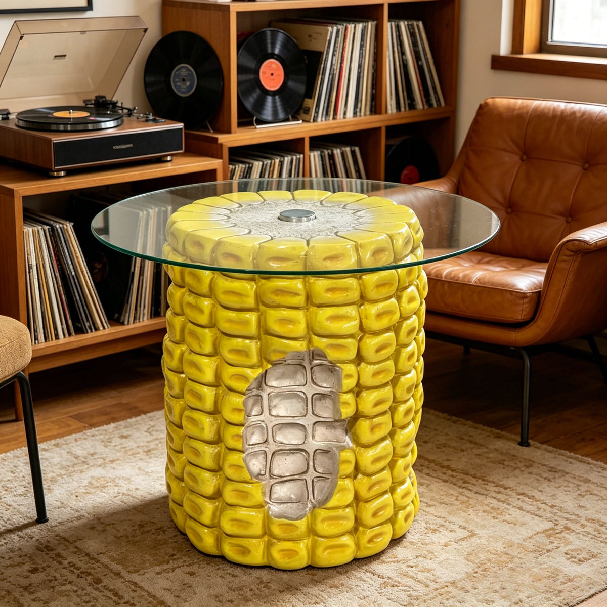 Whimsical Corn Cob Side Table With Glass Top, Accent Furniture For Indoor & Outdoor Use - Yellow
