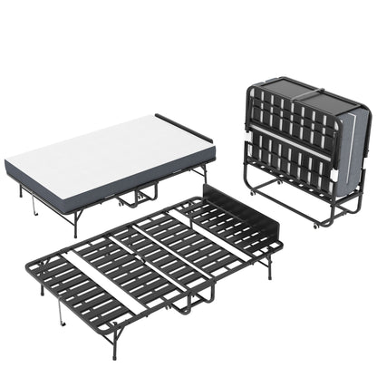 Twin Extra Long Folding Bed With Adjustable Headboard, Cot With Memory Foam Mattress - Black