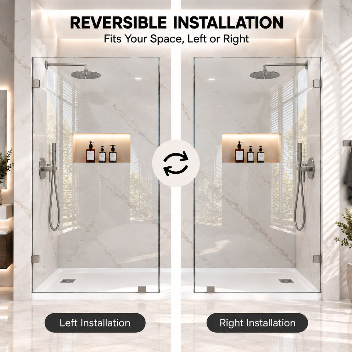 Frameless Bathtub Shower Screen, Reversible Installation