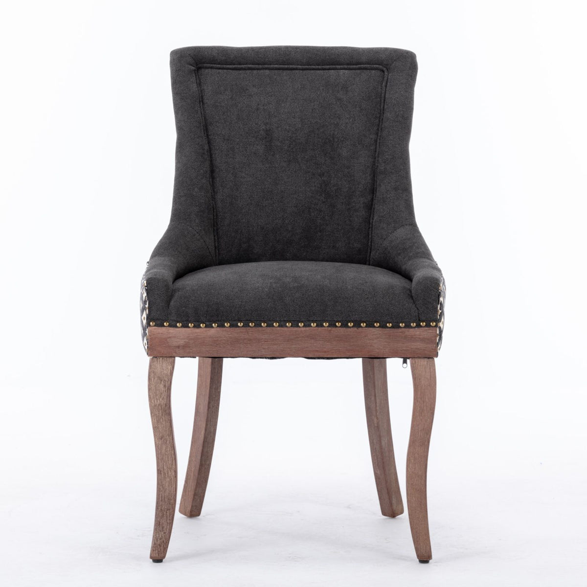 Silla de comedor Ultra Side, de tela gruesa con patas de madera maciza en tonos neutros y tachuelas de bronce (juego de 2)