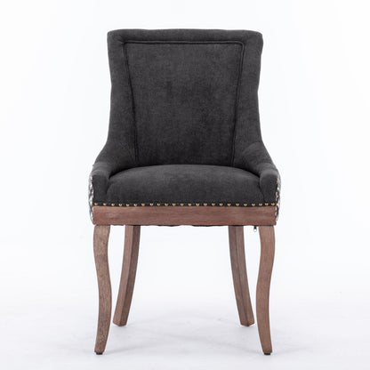 Silla de comedor Ultra Side, de tela gruesa con patas de madera maciza en tonos neutros y tachuelas de bronce (juego de 2)