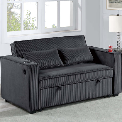 Convertible Sofa With Pull Out Bed, USB Ports & Cup Holders, Matching Pillows - Black
