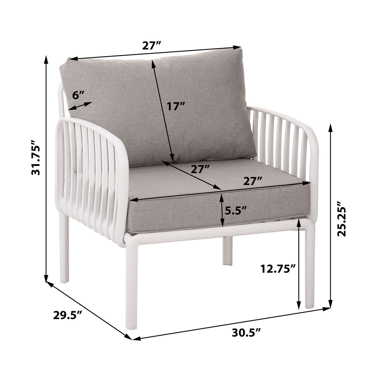 Outdoor Patio Club Chair, Modern Patio Furniture, Waterproof Thick Cushion Deep Seating For Porch, Balcony - White / Gray