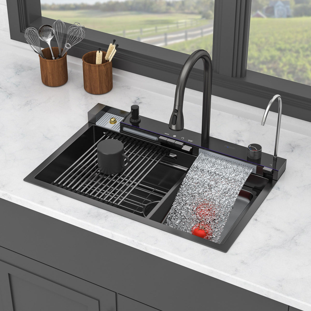 30" Whale Digital Waterfall Sink With LED Display, 16 Gauge Single Bowl Ledge Workstation - Gunmetal Black