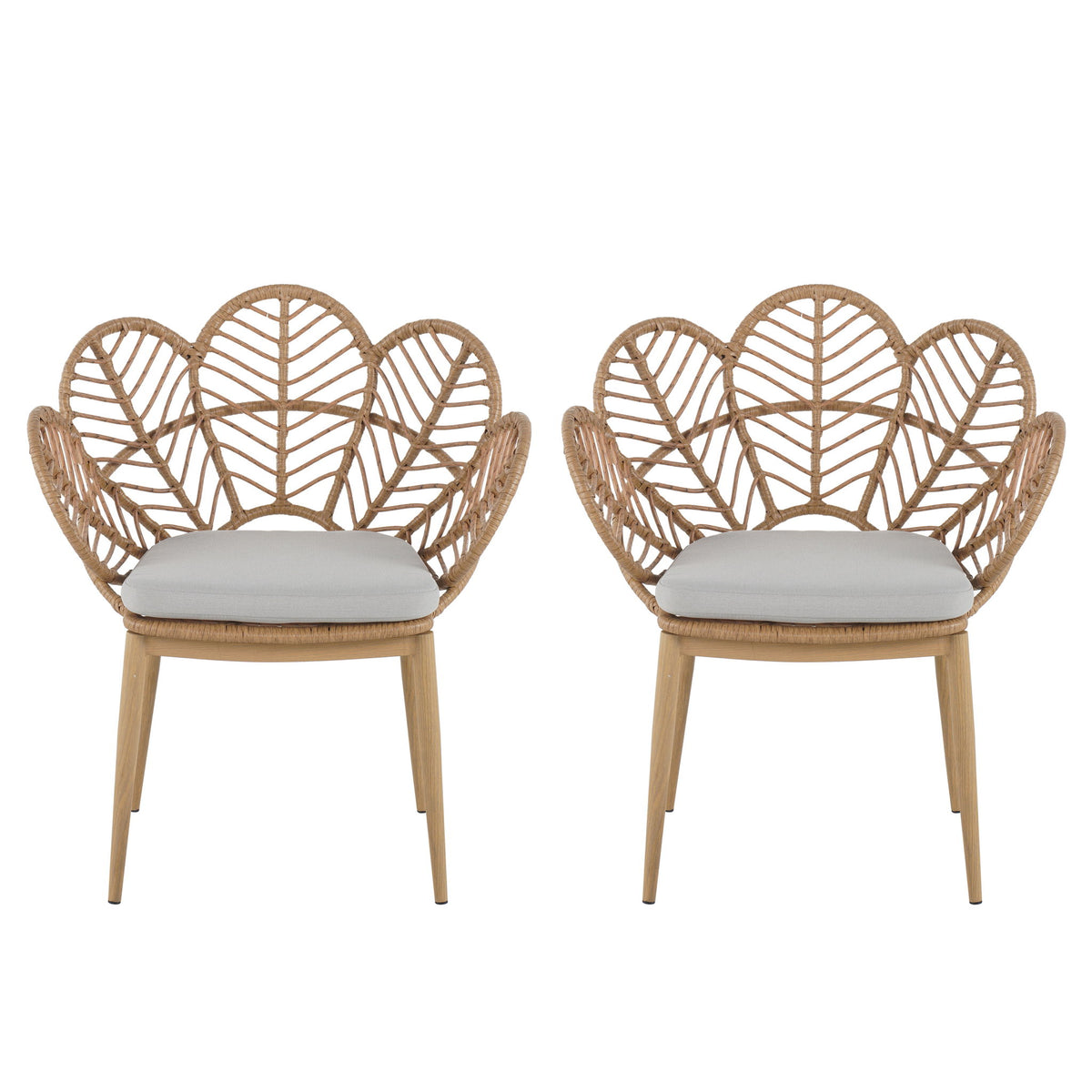 Kirk - Outdoor Wicker Peacock Shape Papasan Style Chair, Teak Finished Leg (Set of 2) - Beige / Light Brown / Light Teak