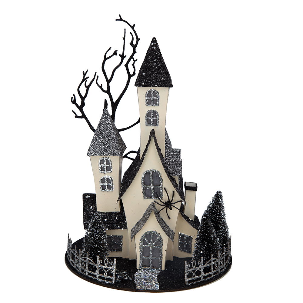 Casa embrujada iluminada de cartón, decoración de mesa para Halloween, funciona con pilas, beige/negro
