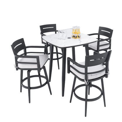 5 Pieces Outdoor Patio Bar Set, Rounded Square Sintered Stone Table & 4 Swivel Bar Chairs