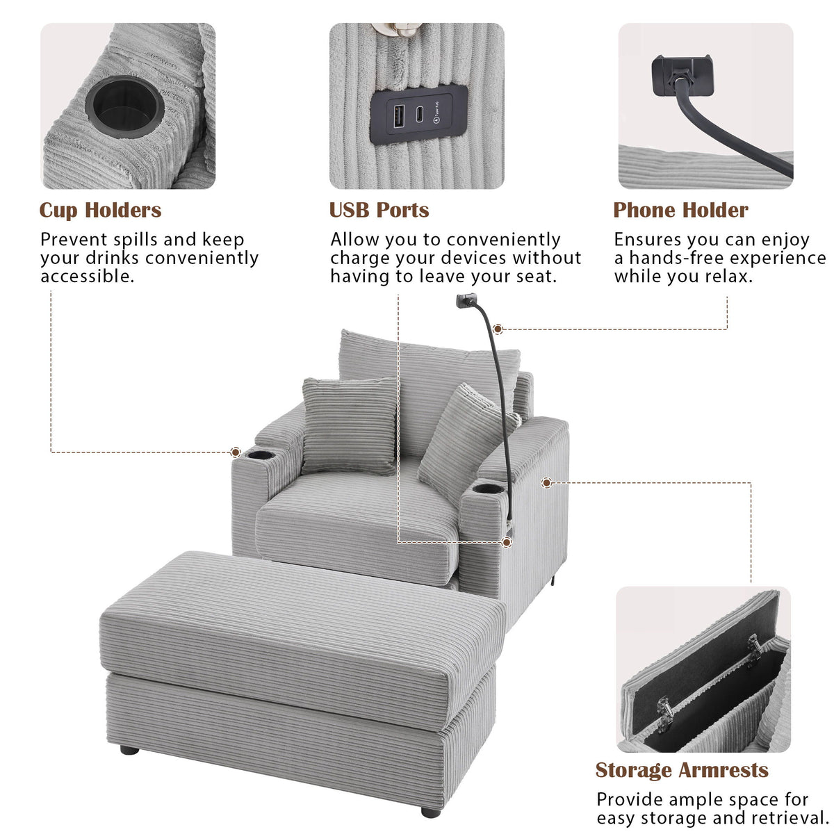 Modern Style Single Sofa Sofa Couch With Storage Space, A Movable Ottoman, 2 USB Ports, 2 Cup Holders, A Phone Holder For Living Room