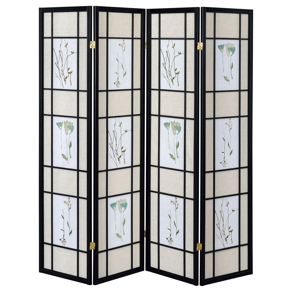 4 Panel Folding Screen With Floral Motif - Black