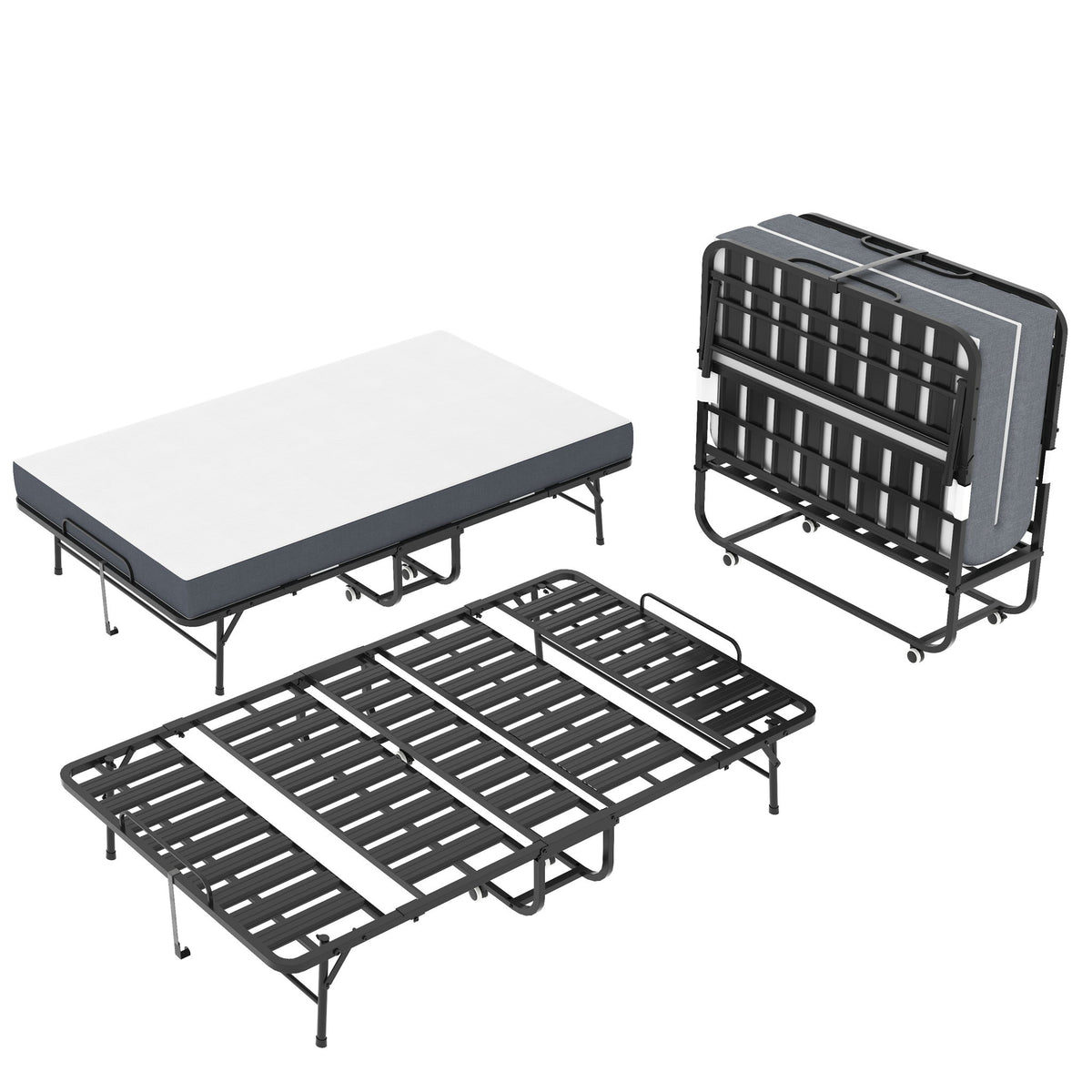 Twin Wide Folding Bed For Tall People, Extra Long & Wide Rollaway With Memory Foam, Heavy-Duty - Black
