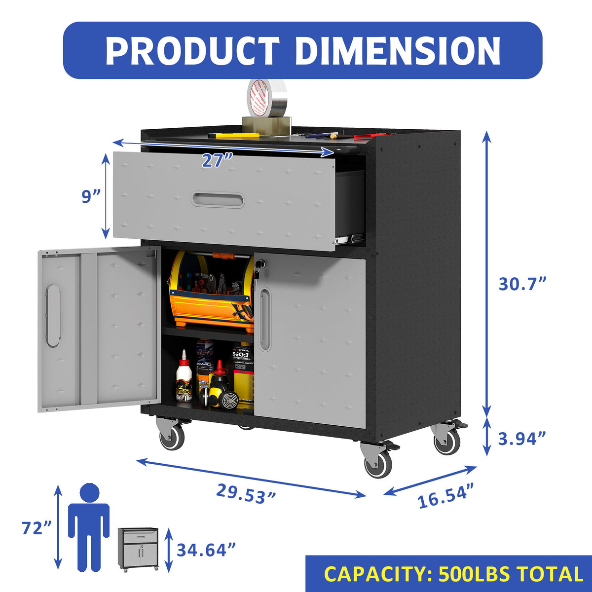 Sturdy And Durable Metal Tool Cabinet For Garage With Wheels Mobile Heavy Duty Storage Cabinet With 1 Drawer And 2 Locking Doors