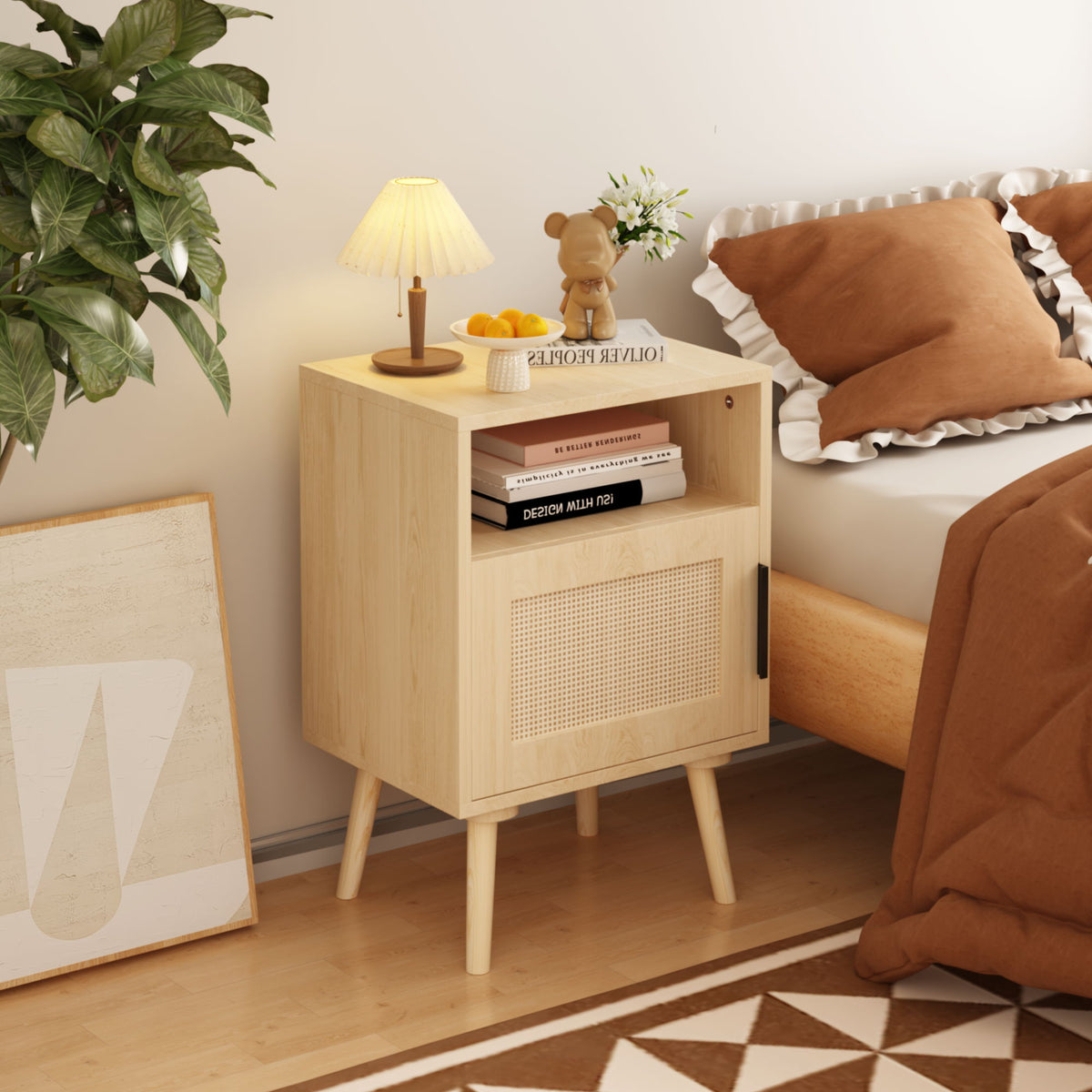 Nightstand, Side Table With Door And Open Shelf For Bedroom - Oak