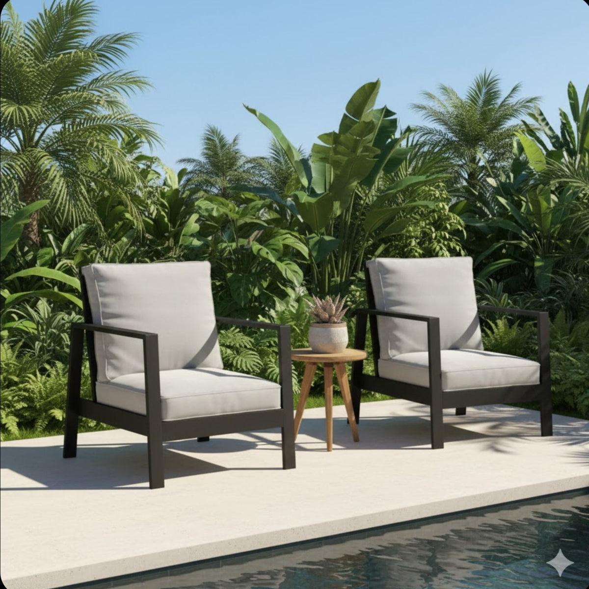 All Weather Patio Armchairs & Thick Cushions (Set of 2) - Black / Gray