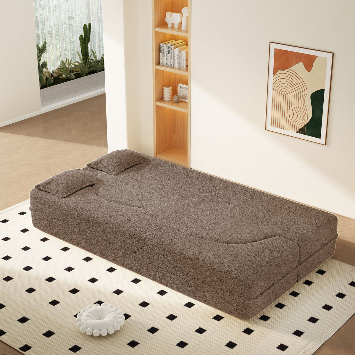 Modern Floor Sleeper Sofa Bed With 2 Pillows, Convertible Twin Size Folding Mattress For Living Room