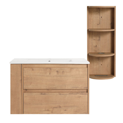 Modern Wall Mounted Bathroom Vanity With Ceramic Sink And Storage Rack, 2 Soft Close Drawers