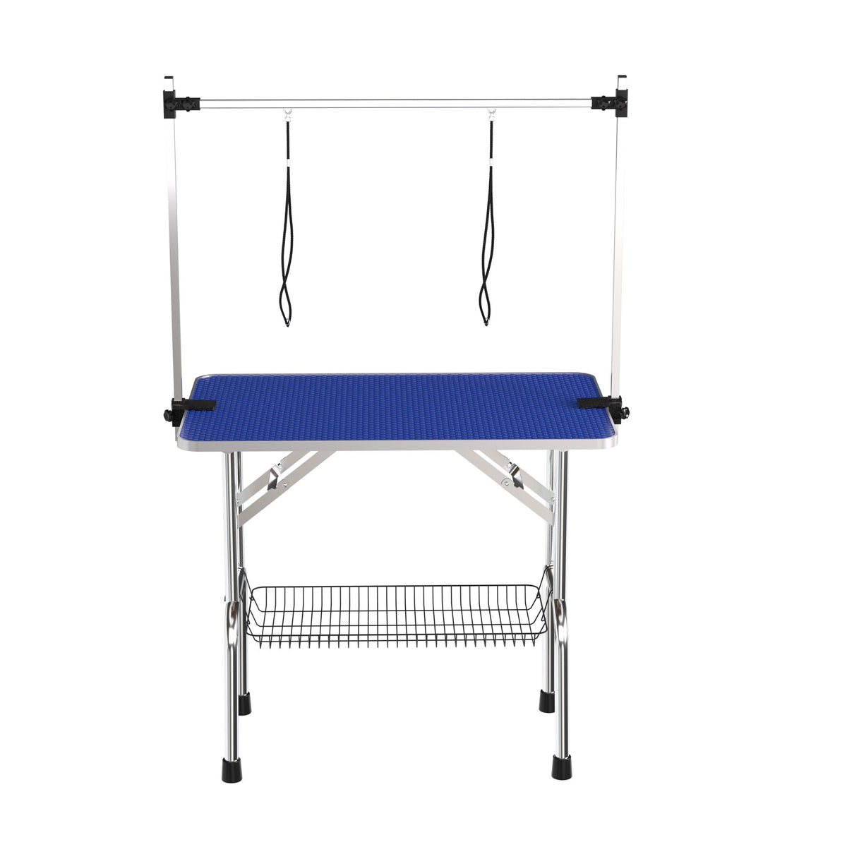 Mesa de aseo plegable para perros y gatos con marco de acero inoxidable y alfombrilla de goma integrada, brazo ajustable y abrazaderas.