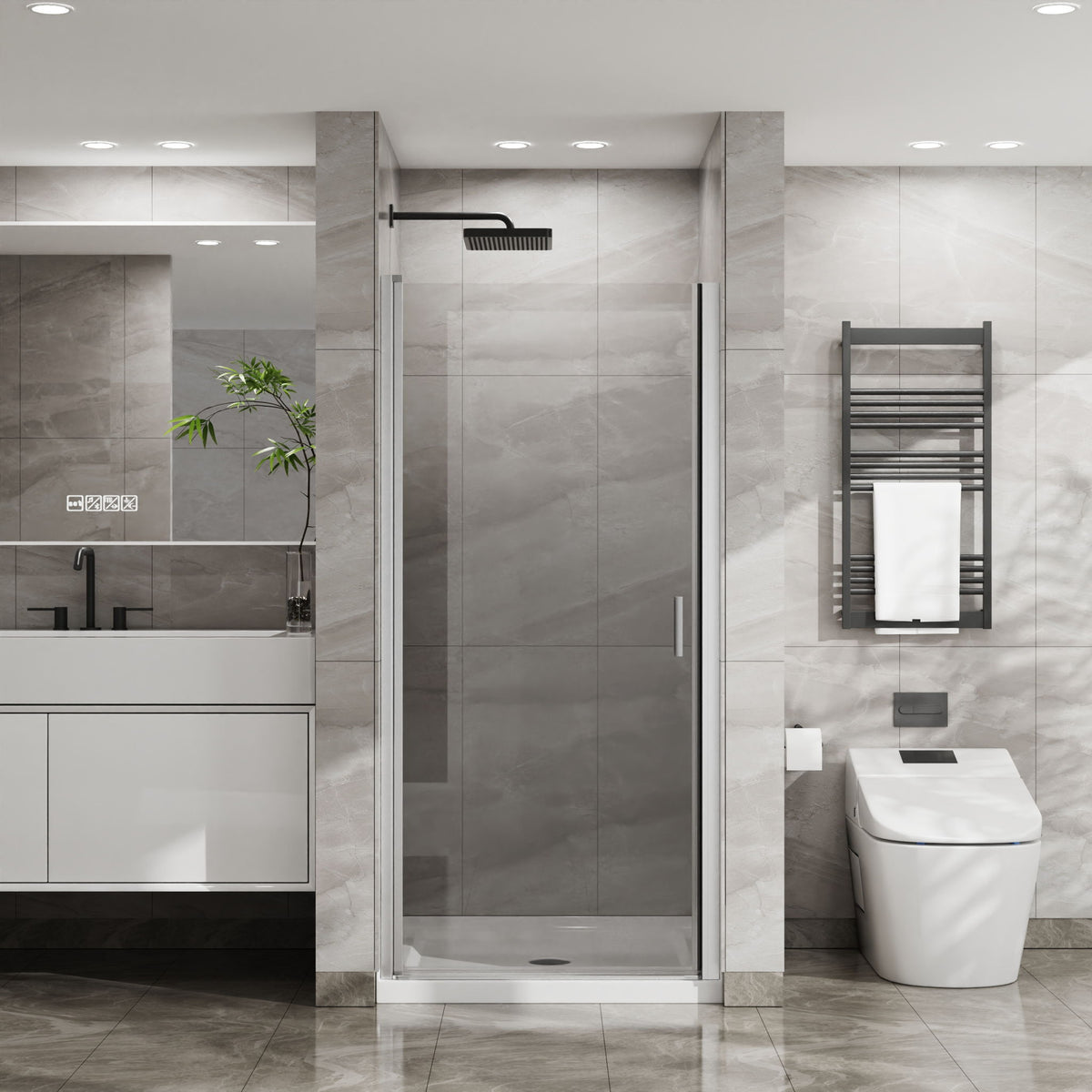 Pivot Shower Door, Tempered Glass, Semi Frameless