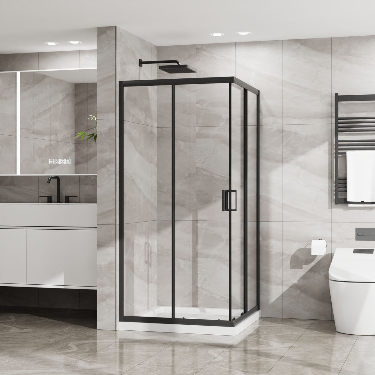 Corner Shower Enclosure, Double Sliding Door & Shower Base