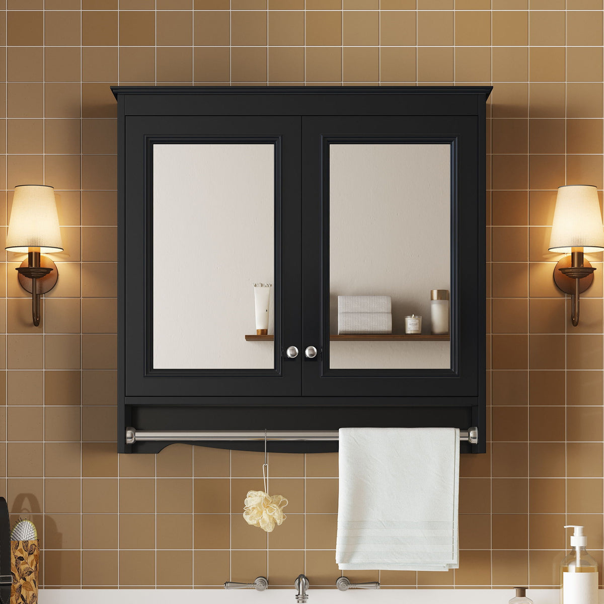 Wall Mounted Mirror Cabinet With Adjustable Shelves, Soft Close Doors, High Definition Mirror - Black